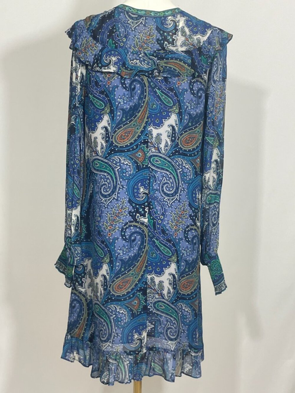 ✨ NWT Hale Bob Blu Silk Blend Paisley Ruffle V-Neck Mini Dress Size M ✨ - Picture 2 of 6